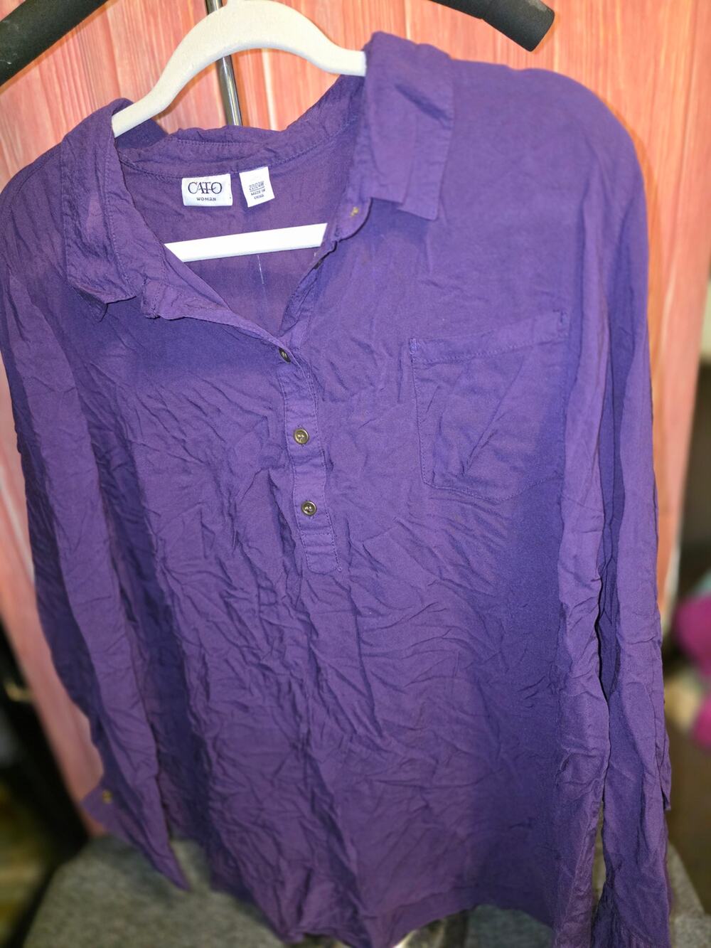 Cato Womens 22/24W Purple Henley Shirt Long Sleeve Pocket Roll Tab Casual Blouse